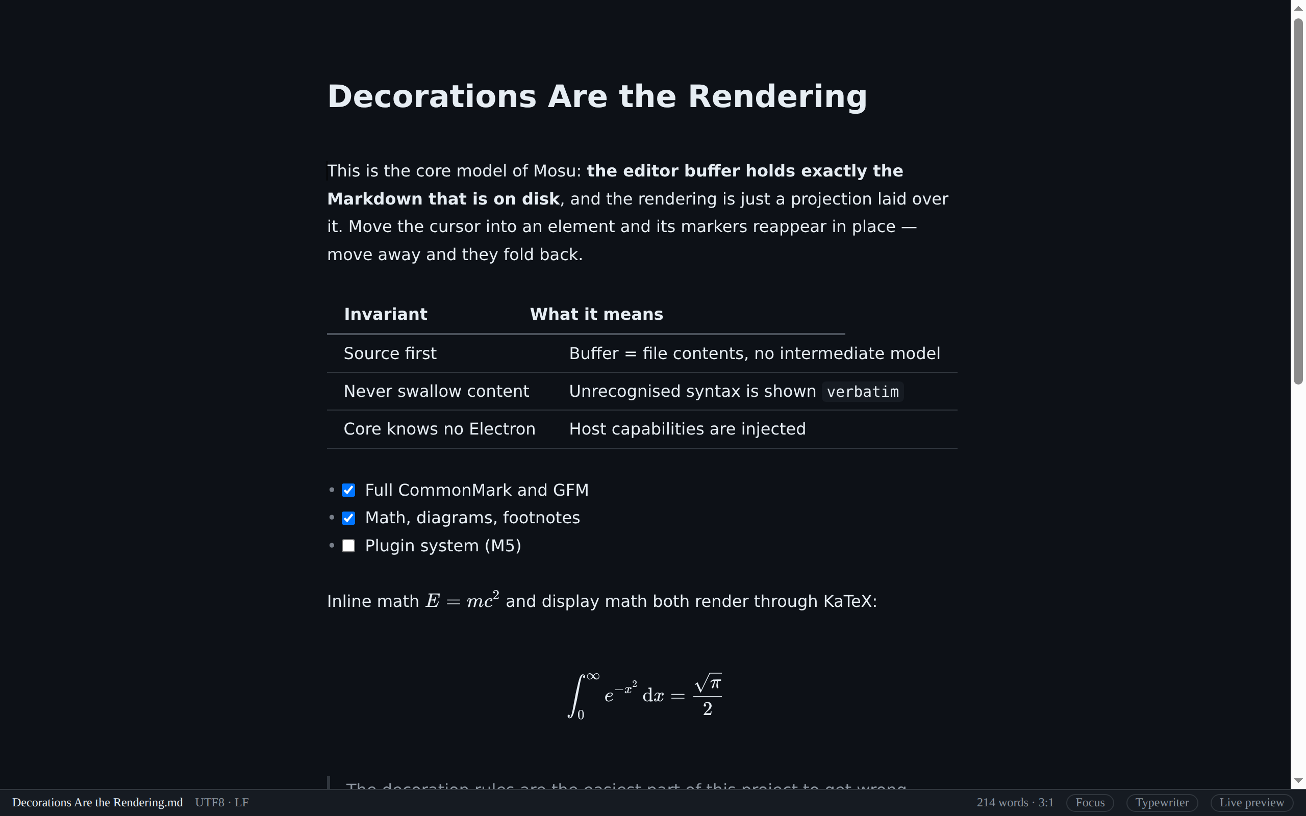 Mosu in its dark theme