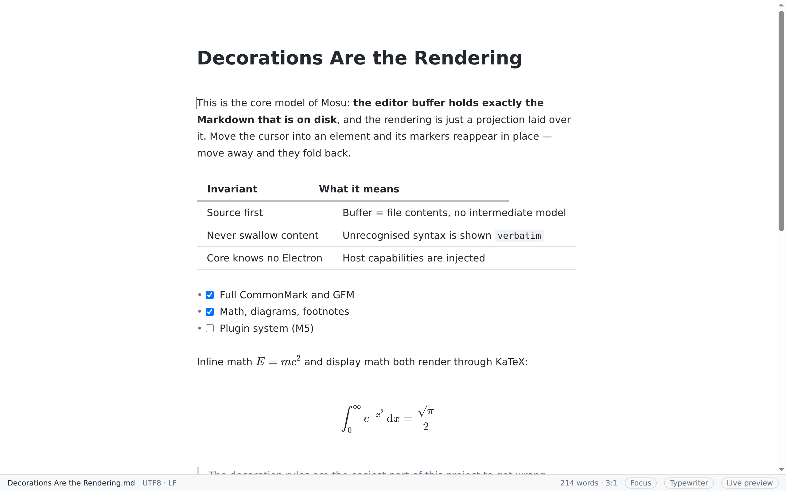 Mosu editing a document with a table, task list and math